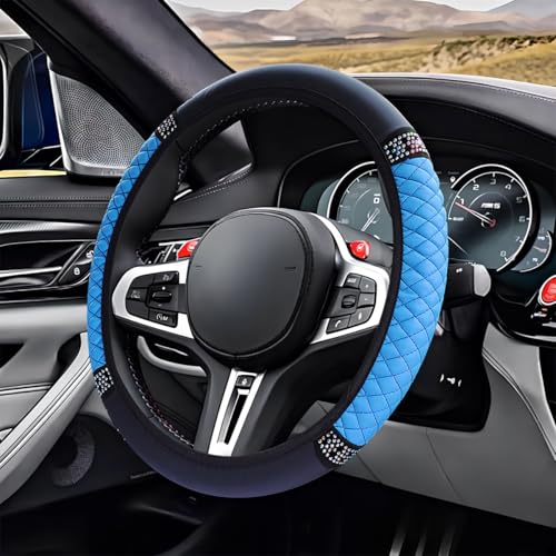 ZIMISI Bling Soft Leather Steering Wheel Cover 15 AntiSlip Sparkly Crystal Auto Elastic Steering Wheel Protector for Women Girl Colorful Diamond Car Interior Accessory for Most Cars Blue - Image 1