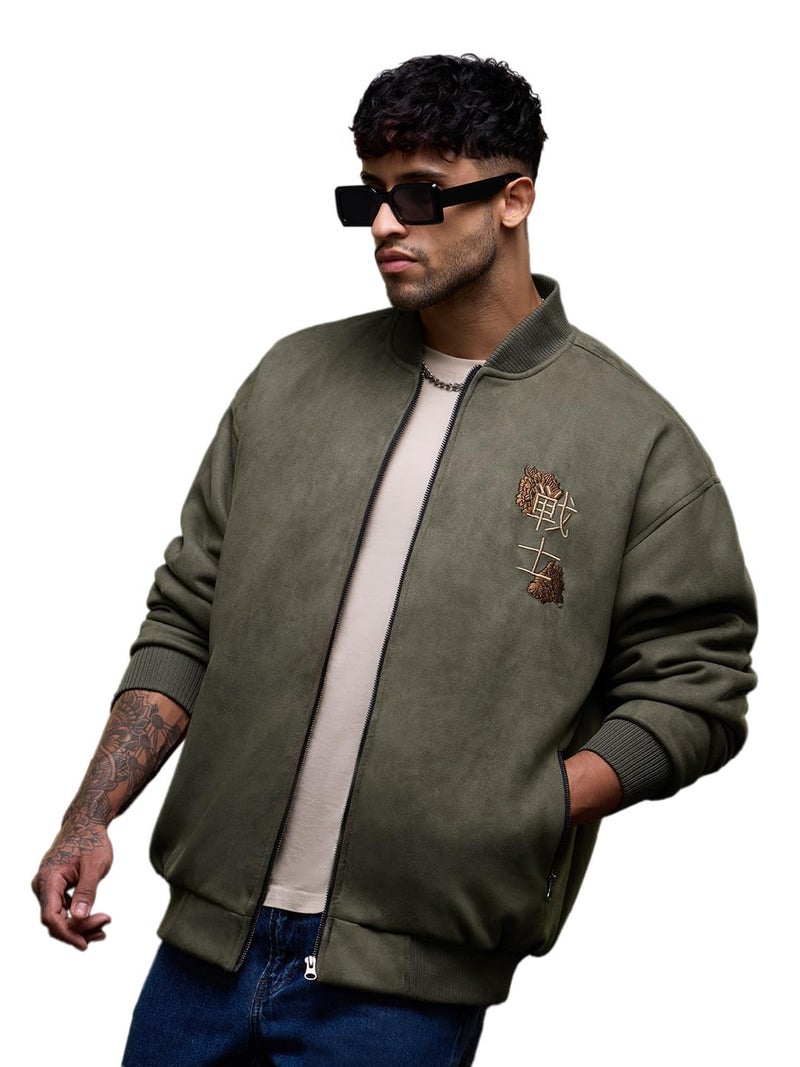 The Souled Store Dragon Men and Boys Full Sleeves Mock Collar Olive Green Embroidered Polyester Oversized Fit Lightweight Winter Streetwear Bomber Jacket - Image 1