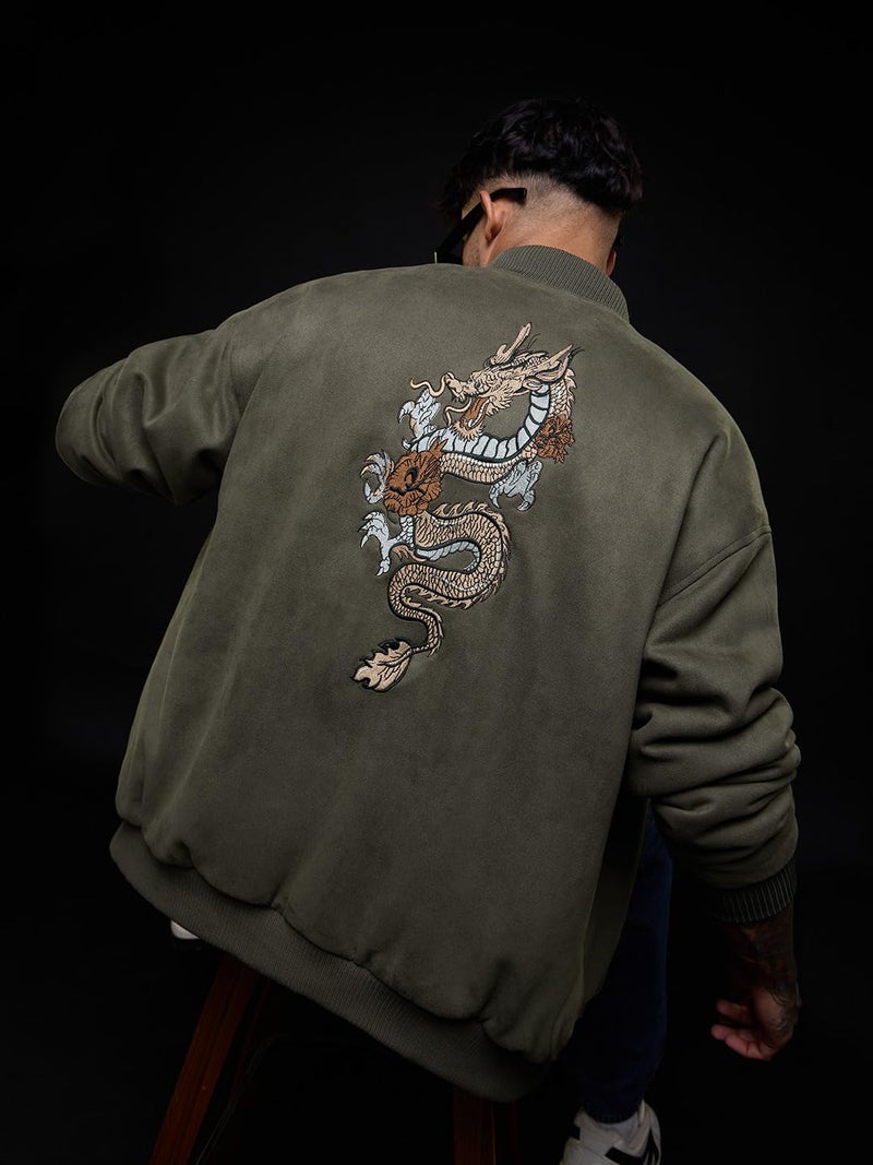 The Souled Store Dragon Men and Boys Full Sleeves Mock Collar Olive Green Embroidered Polyester Oversized Fit Lightweight Winter Streetwear Bomber Jacket - Image 3