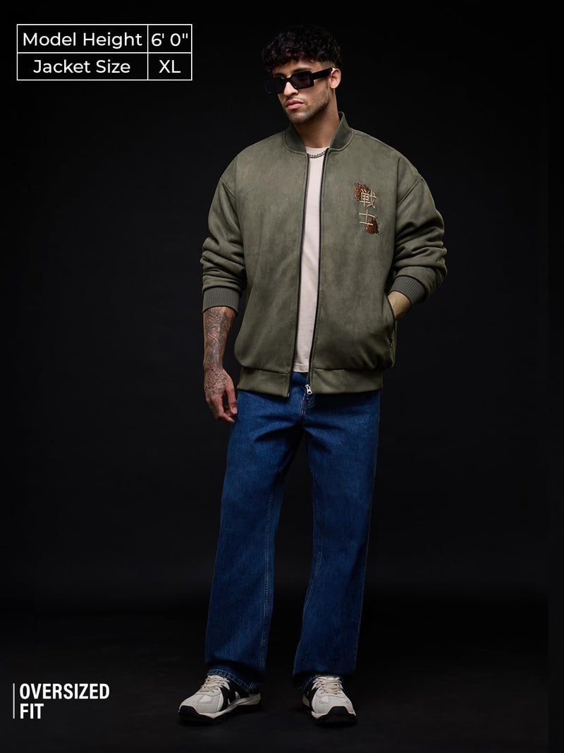 The Souled Store Dragon Men and Boys Full Sleeves Mock Collar Olive Green Embroidered Polyester Oversized Fit Lightweight Winter Streetwear Bomber Jacket - Image 2