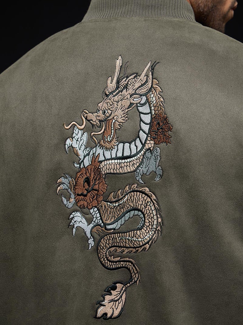 The Souled Store Dragon Men and Boys Full Sleeves Mock Collar Olive Green Embroidered Polyester Oversized Fit Lightweight Winter Streetwear Bomber Jacket - Image 4