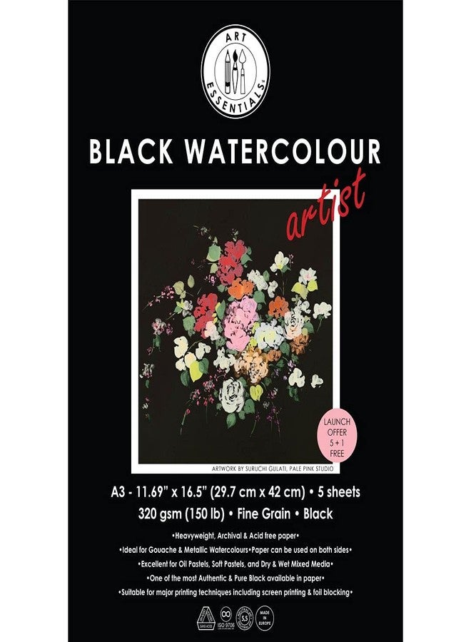 Art Essentials Black Watercolour Artist A3 Black Fine Grain/Vellum 320 GSM, 5 + 1 Sheets Pack, Acid Free Papers for Metallic Watercolor, Gouache, Poster Colour, Tempera, Opaque Inks, Acrylic