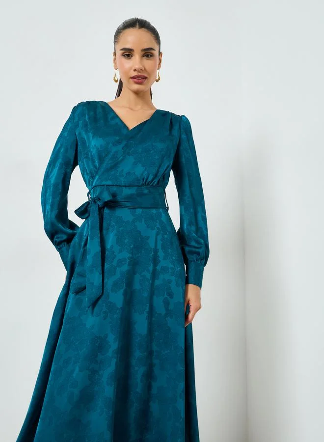 Styli Teal Jacquard Wrap Midi Dress