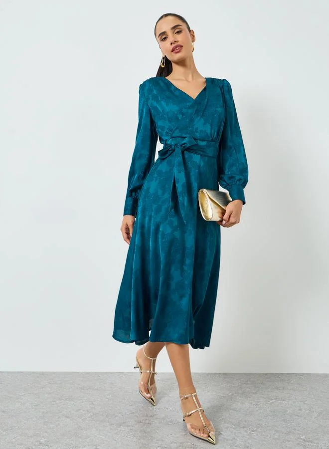 Styli Teal Jacquard Wrap Midi Dress