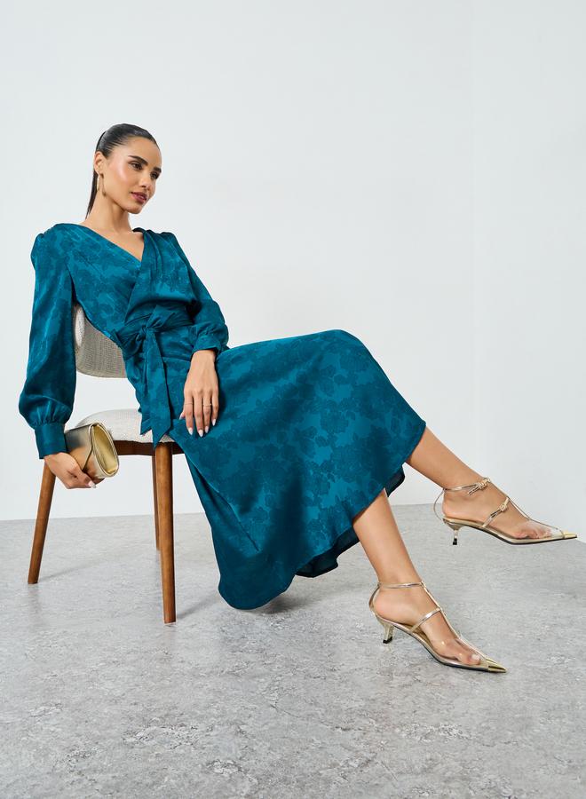 Styli Teal Jacquard Wrap Midi Dress - Image 3