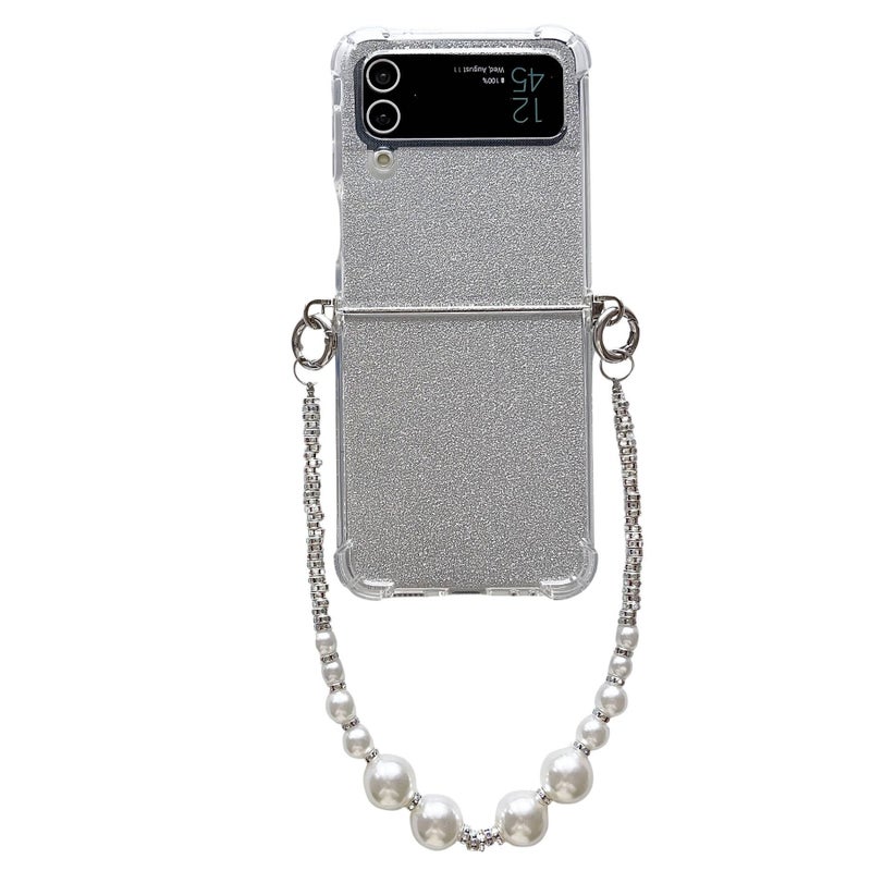 غطاء واقي بPC باللون Silver لـ Samsung Galaxy Z Flip 4 مع حماية من السقوط وفتحة حزام جانبية مع مقاوم للصدمات مع سلسلة خرز لامعة مع مقاوم للخدش للاستخدام العملي للحمل اليومي - Image 5