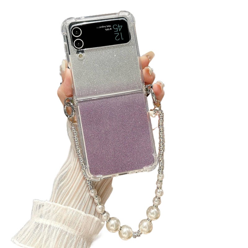 غطاء واقي بPC باللون Silver لـ Samsung Galaxy Z Flip 4 مع حماية من السقوط وفتحة حزام جانبية مع مقاوم للصدمات مع سلسلة خرز لامعة مع مقاوم للخدش للاستخدام العملي للحمل اليومي - Image 4