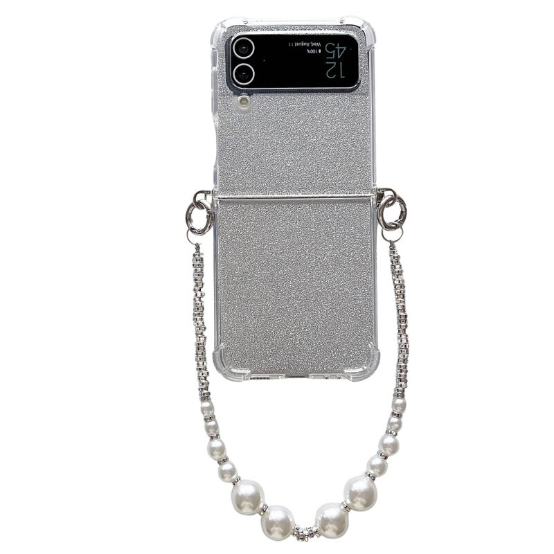 غطاء واقي بPC باللون Silver لـ Samsung Galaxy Z Flip 4 مع حماية من السقوط وفتحة حزام جانبية مع مقاوم للصدمات مع سلسلة خرز لامعة مع مقاوم للخدش للاستخدام العملي للحمل اليومي - Image 1