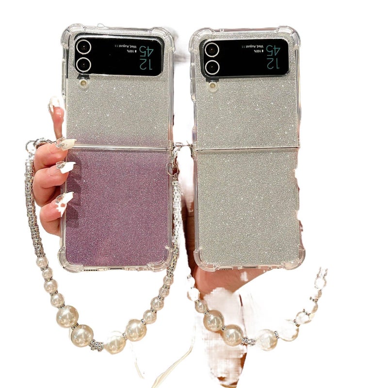 غطاء واقي بPC باللون Silver لـ Samsung Galaxy Z Flip 4 مع حماية من السقوط وفتحة حزام جانبية مع مقاوم للصدمات مع سلسلة خرز لامعة مع مقاوم للخدش للاستخدام العملي للحمل اليومي - Image 3