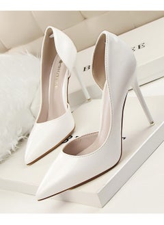 BIGTREE Fashion Simple Slim Patent Leather Shallow Mouth Pointy Hollowed Out Slim Heels  White 