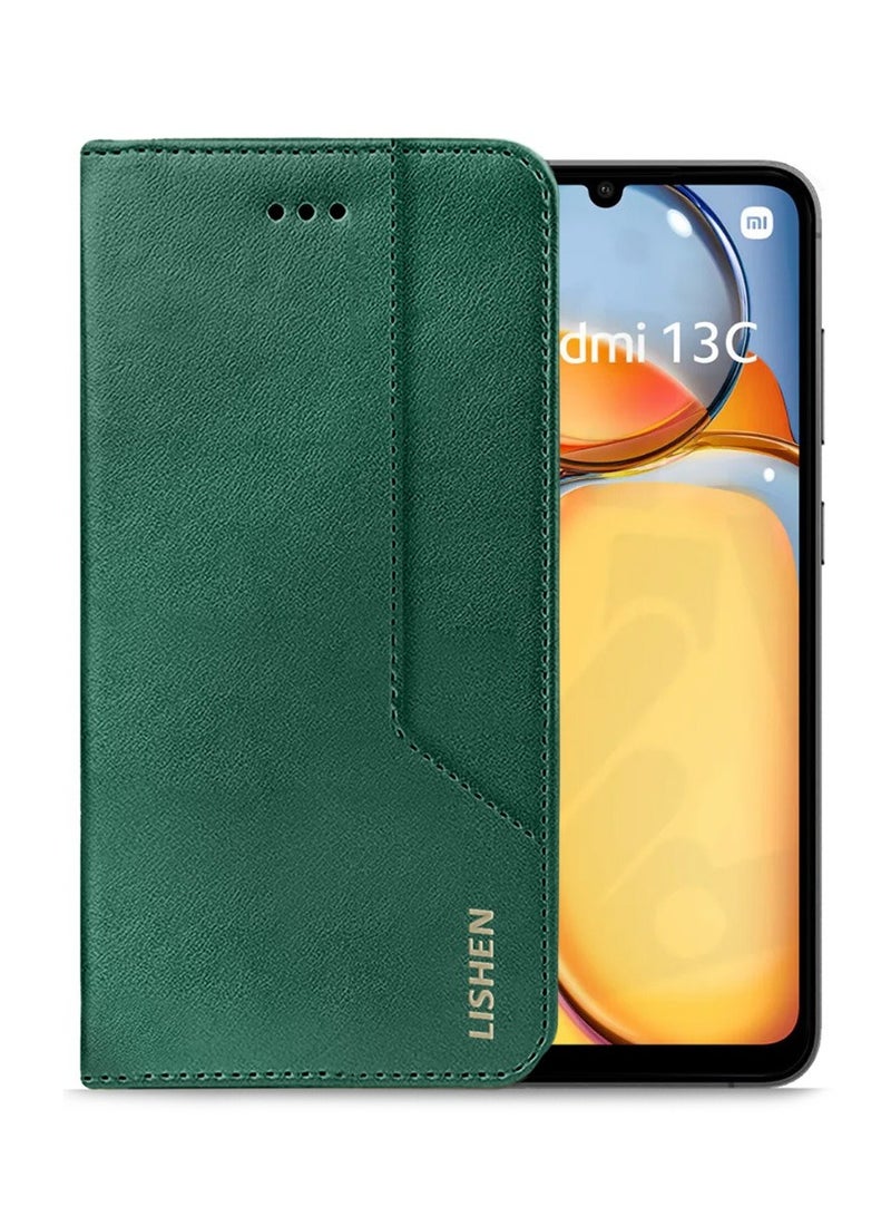 Lishen غطاء حماية أنيق من الجلد الفاخر مع قفل مغناطيسي لهاتف Xiaomi Redmi 13C - أخضر زمردي - Image 1