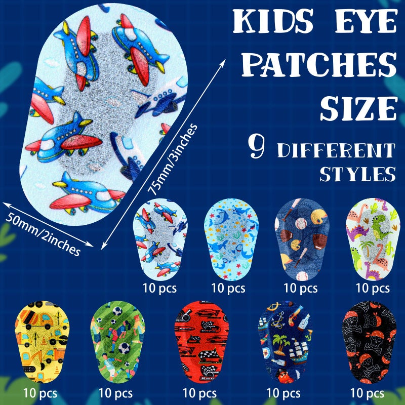 Panelee 90 Pcs Adhesive Eye Patches for Kids Boys 9 Styles Eye Patches Latex Free Eye Pad Bulk Light Blocking Fun Cute Boys Designs Cotton Adhesive Bandages for Boys Toddler  - Image 2