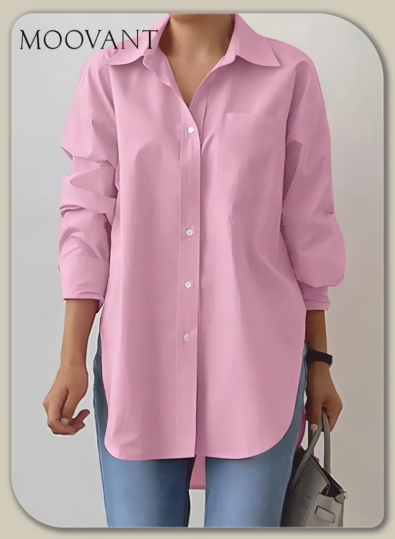 Moovant Women's Comfortable Loose Lapel Shirt for Daily Commute, Single-Breasted Long Sleeve Top, with Simple Solid Color Design and Loose Fit, Pink  - Image 1