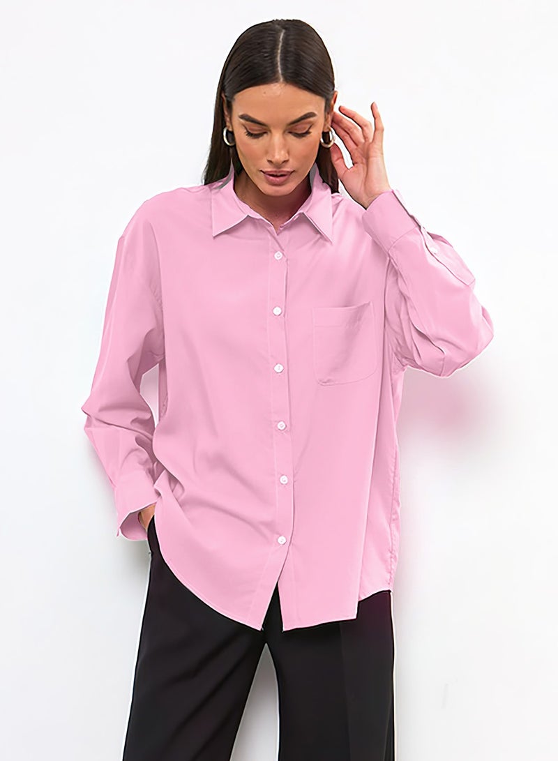 Moovant Women's Comfortable Loose Lapel Shirt for Daily Commute, Single-Breasted Long Sleeve Top, with Simple Solid Color Design and Loose Fit, Pink  - Image 2