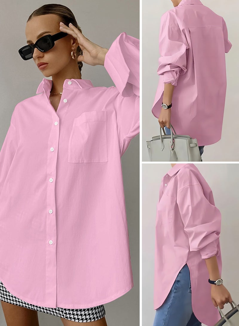 Moovant Women's Comfortable Loose Lapel Shirt for Daily Commute, Single-Breasted Long Sleeve Top, with Simple Solid Color Design and Loose Fit, Pink  - Image 4