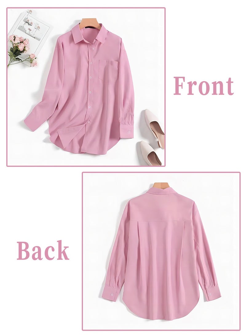 Moovant Women's Comfortable Loose Lapel Shirt for Daily Commute, Single-Breasted Long Sleeve Top, with Simple Solid Color Design and Loose Fit, Pink  - Image 5