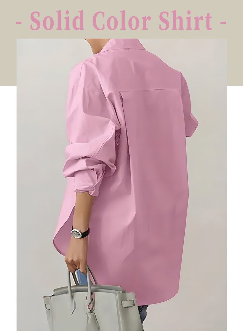 Moovant Women's Comfortable Loose Lapel Shirt for Daily Commute, Single-Breasted Long Sleeve Top, with Simple Solid Color Design and Loose Fit, Pink  - Image 3