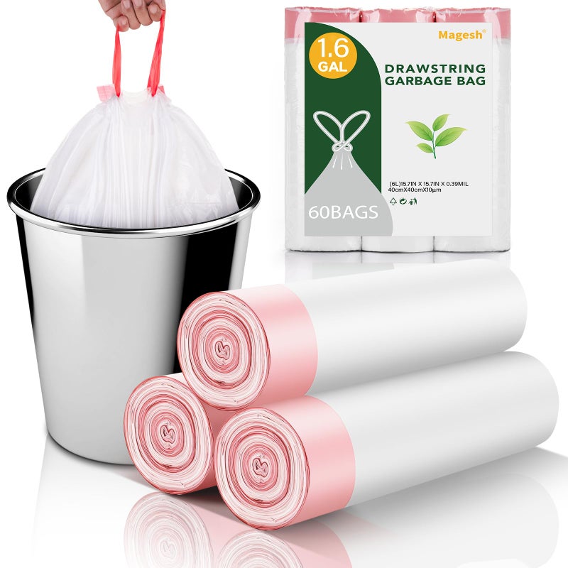 Magesh White 1.6 Gallon Trash Bags Drawstring - Unscented Small Garbage Bags for Bathroom Can Bulk Strong Thick Mini Waste Basket Plastic Liners for Home Kitchen 60 Count Magesh - Image 1