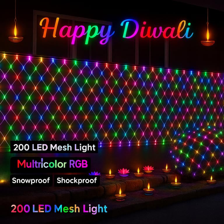 Gesto أضواء شبكة مصنوعة من الشبك - 200 مصباح LED متعدد الألوان مقاوم للماء مع جهاز تحكم عن بعد و 8 أوضاع | أضواء ستارة شبكية للشرفة والحديقة والفناء والداخل والخارج، زينة ديوالي وعيد الميلاد (6 × 6 قدم) - Image 2