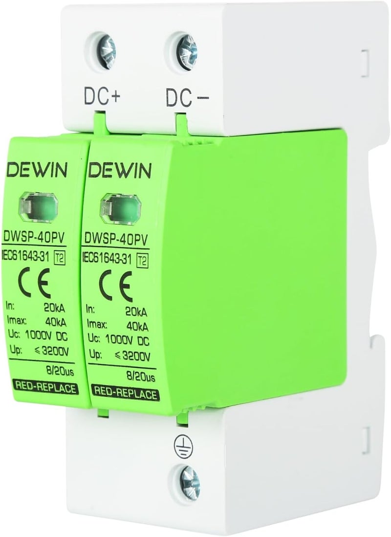 DEWIN Surge Protection Device, 2P 40KA Photovoltaic Lightning Arrester Device DC 1000V Surge Protector Lightning Protection Device 35mm DIN Rail - Image 1