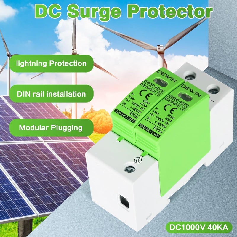DEWIN Surge Protection Device, 2P 40KA Photovoltaic Lightning Arrester Device DC 1000V Surge Protector Lightning Protection Device 35mm DIN Rail - Image 3