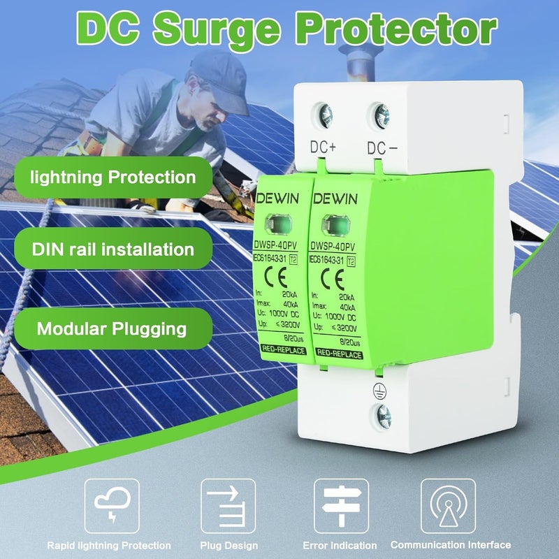 DEWIN Surge Protection Device, 2P 40KA Photovoltaic Lightning Arrester Device DC 1000V Surge Protector Lightning Protection Device 35mm DIN Rail - Image 2