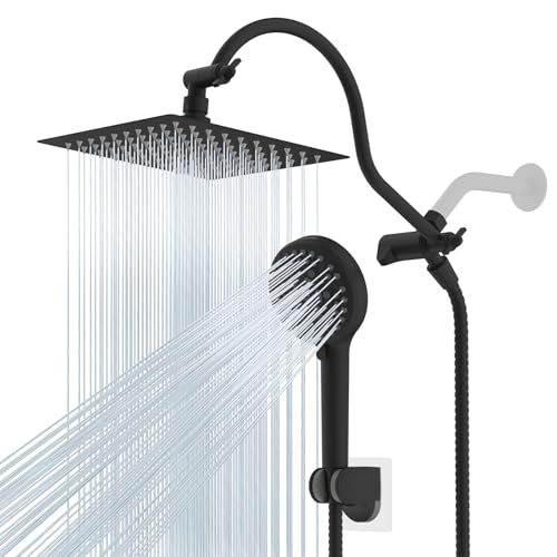 Hibbent All Metal Shower Head, 8'' High Pressure Rainfall Shower Head, Handheld Showerhead Combo with 12'' Adjustable Curved Extension Arm, 10-Spray, 71'' Hose, Adhesive Showerhead Holder, Matte Black - Image 1