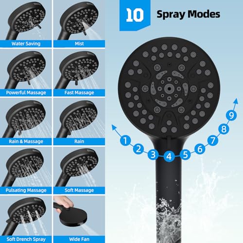 Hibbent All Metal Shower Head, 8'' High Pressure Rainfall Shower Head, Handheld Showerhead Combo with 12'' Adjustable Curved Extension Arm, 10-Spray, 71'' Hose, Adhesive Showerhead Holder, Matte Black - Image 5