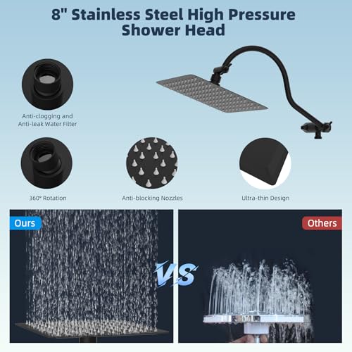 Hibbent All Metal Shower Head, 8'' High Pressure Rainfall Shower Head, Handheld Showerhead Combo with 12'' Adjustable Curved Extension Arm, 10-Spray, 71'' Hose, Adhesive Showerhead Holder, Matte Black - Image 4