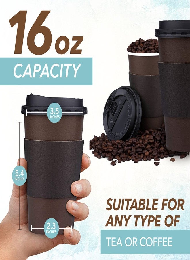 Promora 16 oz Disposable Brown Coffee Cups with Lids & Sleeves, Premium Paper Cups (100 Pack) - Image 2