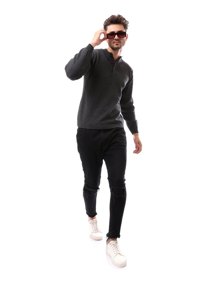 Andora - Heather Grey Slip On With Buttons Pullover_Grey - Image 1