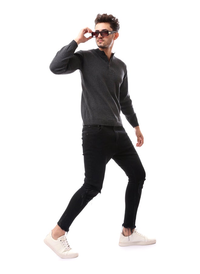 Andora - Heather Grey Slip On With Buttons Pullover_Grey - Image 1