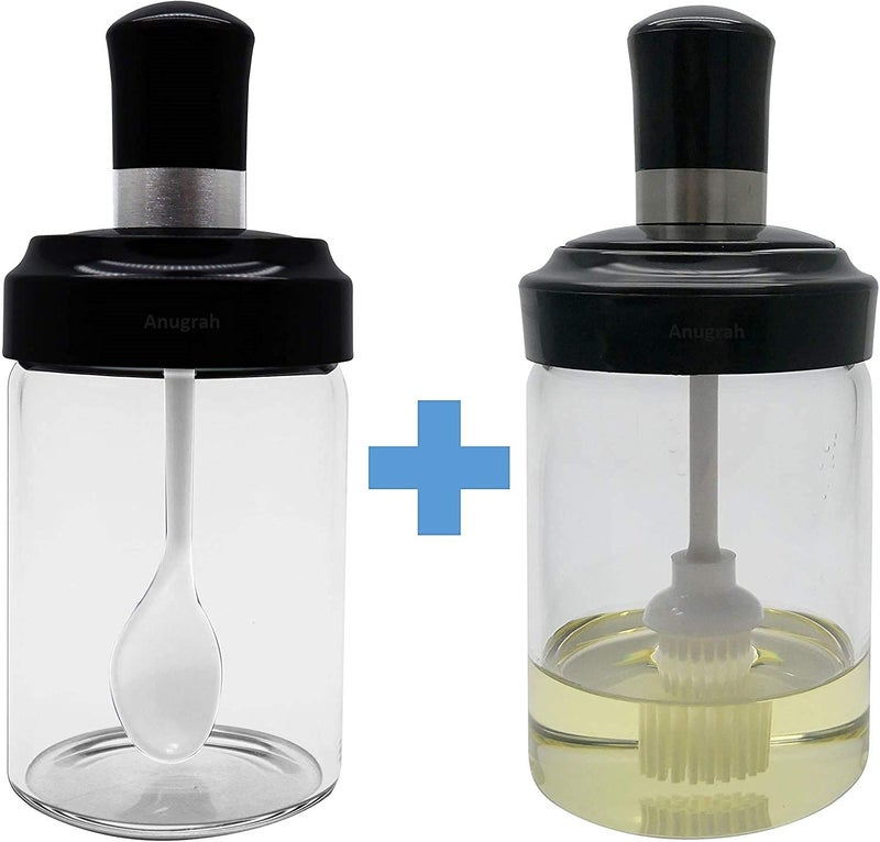 Anugrah Borosilicate Glass Food Storage Spice Salt Sugar Condiment Jar with Spoon and Olive Oil Bottle with Brush Airtight Cap for Kitchen Restaurants 250ml Transparent 1 Brush Spoon Jar - Image 2
