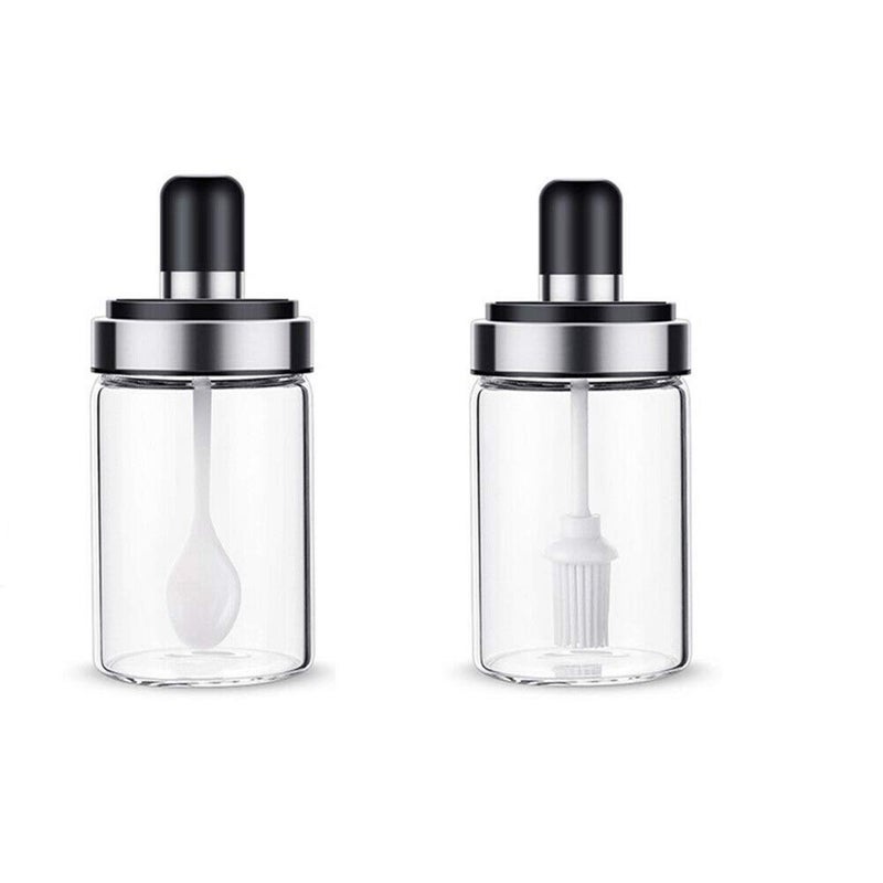 Anugrah Borosilicate Glass Food Storage Spice Salt Sugar Condiment Jar with Spoon and Olive Oil Bottle with Brush Airtight Cap for Kitchen Restaurants 250ml Transparent 1 Brush Spoon Jar - Image 1