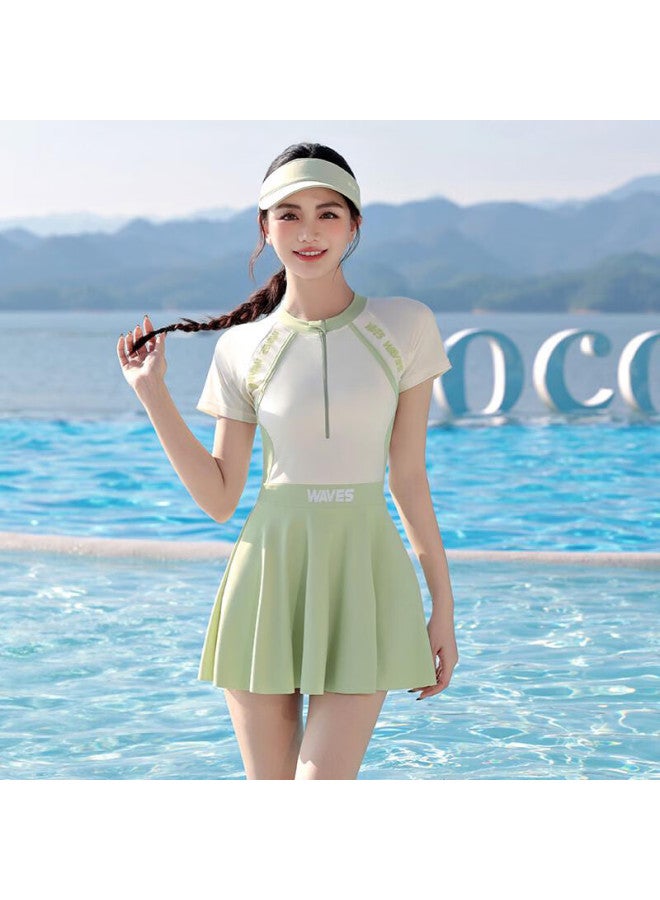 F.dyraa Women's Swimsuit Covering Belly Slimming Ladies Swimwear Bubble Hot Spring One-piece Skirt Conservative Swimming Three-piece Set 15046 Green XL - Image 5