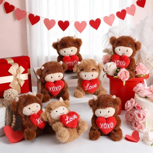 Sotiff 12 Pcs Valentines Day Stuffed Animal Highland Cow Plush 59 Inch Plush Cows with Love Xoxo Hearts Cute Valentine Romantic Gifts for Women Men Wife Couples Valentine Party Favor Exchange - Image 1