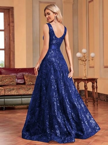 XUIBOL Sleeveless Glitter Sequined Womens Long Formal Gown Aline Prom Dress for Anchorwoman Floor Length Evening Dress Royal Blue M - Image 2