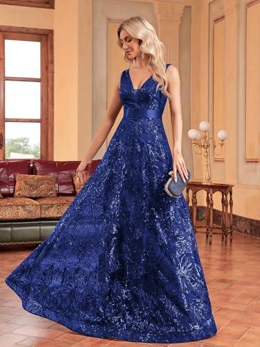 XUIBOL Sleeveless Glitter Sequined Womens Long Formal Gown Aline Prom Dress for Anchorwoman Floor Length Evening Dress Royal Blue M - Image 5