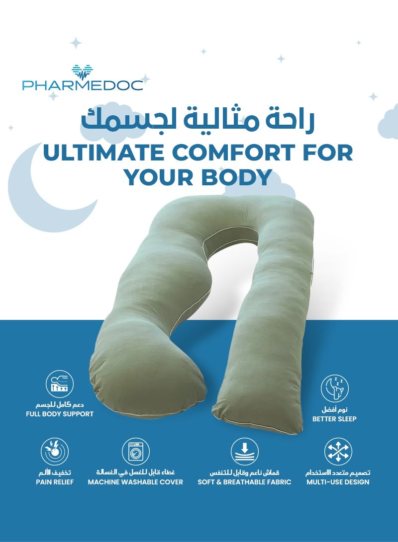 PharMeDoc U-Shape Full Body Pillow with Removable Organic Cotton Cover | Sage Green | Ideal for Pregnancy & Body Support | 53x31x7 CM | Eco-Friendly & Machine Washable - Image 2