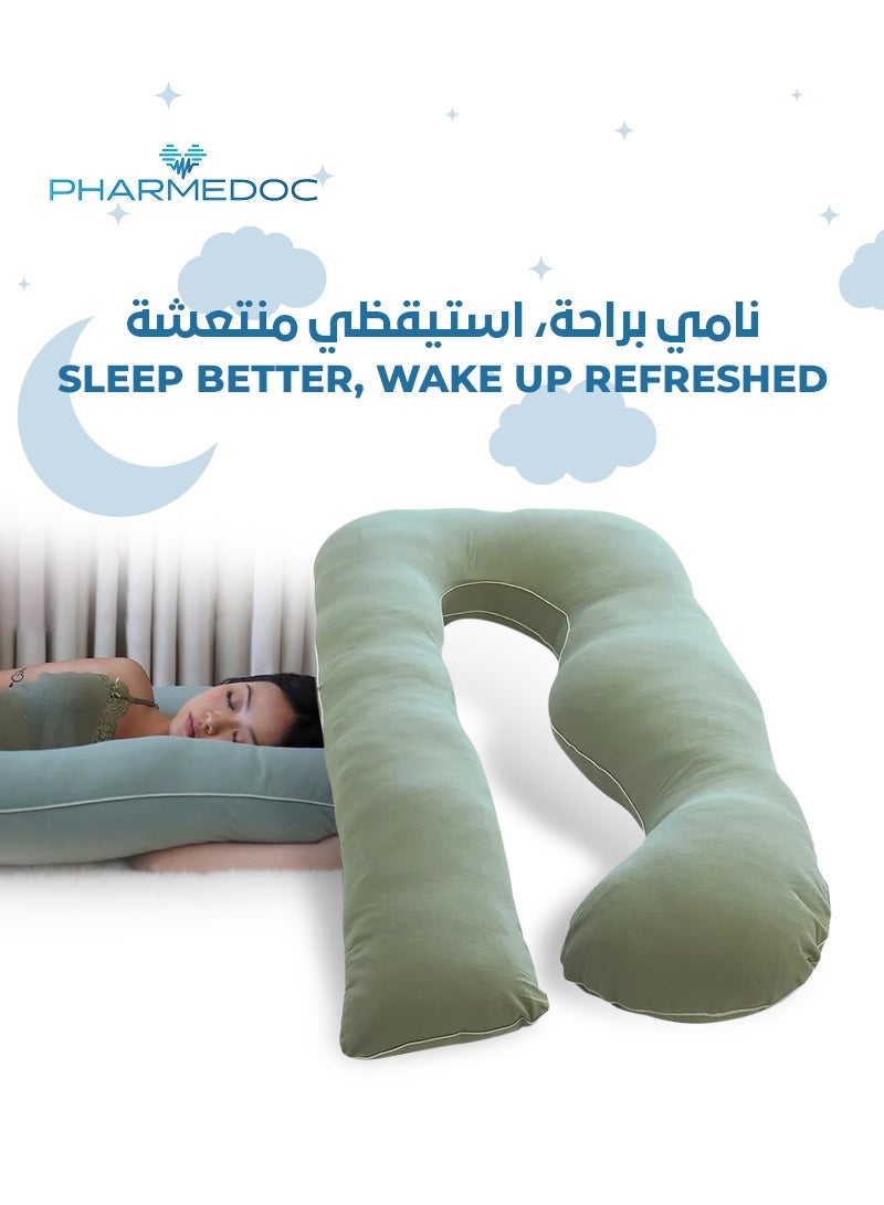 PharMeDoc U-Shape Full Body Pillow with Removable Organic Cotton Cover | Sage Green | Ideal for Pregnancy & Body Support | 53x31x7 CM | Eco-Friendly & Machine Washable - Image 3