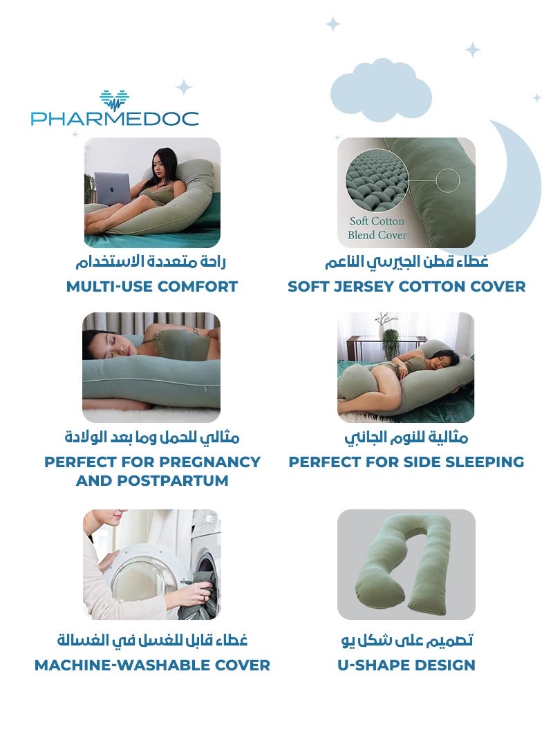 PharMeDoc U-Shape Full Body Pillow with Removable Organic Cotton Cover | Sage Green | Ideal for Pregnancy & Body Support | 53x31x7 CM | Eco-Friendly & Machine Washable - Image 5