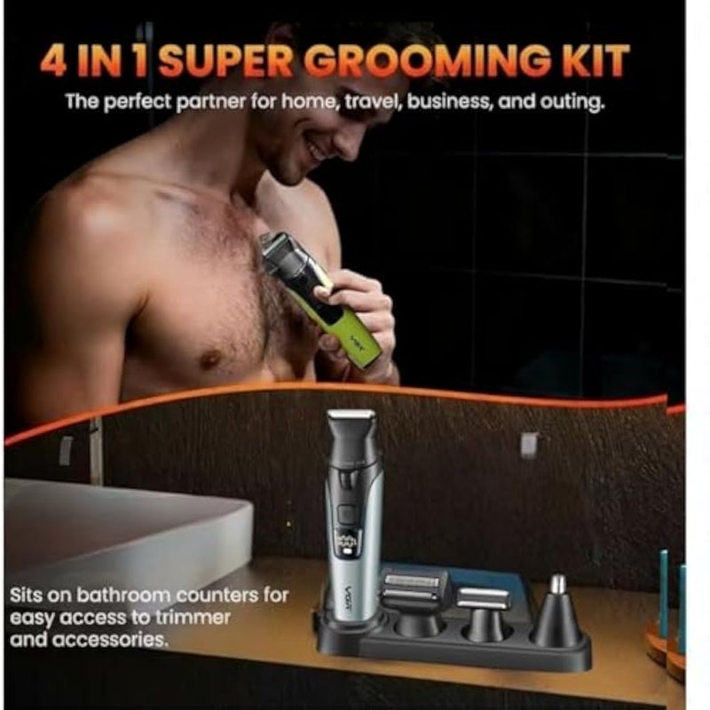 VGR V-634 4-in-1 Rechargeable Men's Grooming Kit, Waterproof Hair and Body Trimmer with LED Display, 4 Interchangeable Heads, 9 Guide Combs, USB Charging (Green) - Image 5