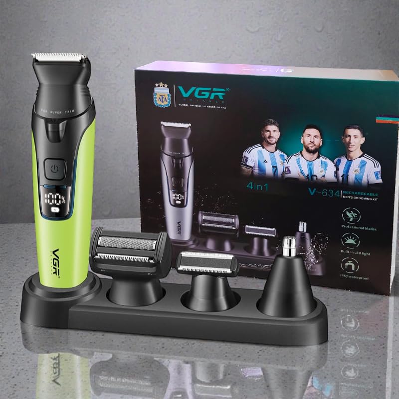 VGR V-634 4-in-1 Rechargeable Men's Grooming Kit, Waterproof Hair and Body Trimmer with LED Display, 4 Interchangeable Heads, 9 Guide Combs, USB Charging (Green) - Image 1