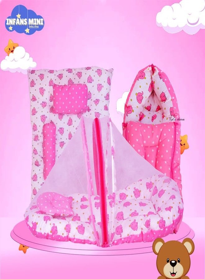 Infans Mini New Born Baby Bedding Set Premium Cotton|Baby Carry Bed|Mosquito Net Bed|Baby Sleeping Bed for 4-8 Months Babies(Mega)|Unisex 3 Pcs Portable Bedding Set |(Elephant Pink) - Image 5