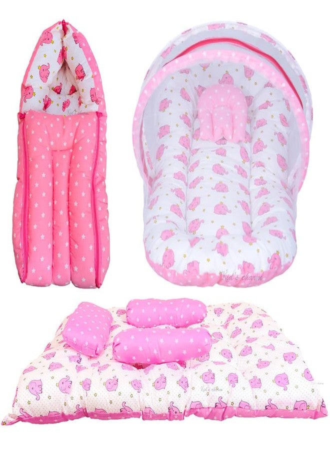 Infans Mini New Born Baby Bedding Set Premium Cotton|Baby Carry Bed|Mosquito Net Bed|Baby Sleeping Bed for 4-8 Months Babies(Mega)|Unisex 3 Pcs Portable Bedding Set |(Elephant Pink) - Image 1