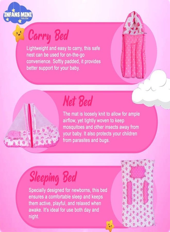 Infans Mini New Born Baby Bedding Set Premium Cotton|Baby Carry Bed|Mosquito Net Bed|Baby Sleeping Bed for 4-8 Months Babies(Mega)|Unisex 3 Pcs Portable Bedding Set |(Elephant Pink) - Image 2