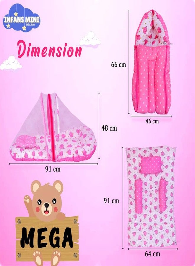Infans Mini New Born Baby Bedding Set Premium Cotton|Baby Carry Bed|Mosquito Net Bed|Baby Sleeping Bed for 4-8 Months Babies(Mega)|Unisex 3 Pcs Portable Bedding Set |(Elephant Pink) - Image 4