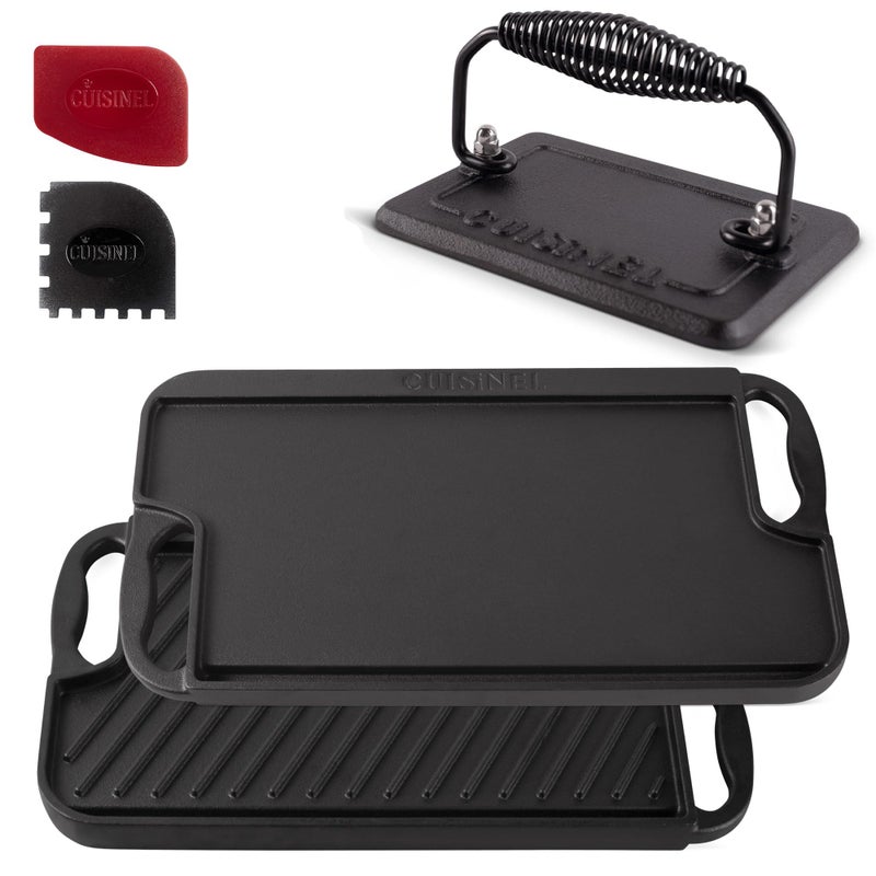 Cuisinel Cuisinel Cast Iron GriddleGrill  Burger Press  Pan Scrapers  Reversible PreSeasoned 1675 X 95inch Dual Handle Flat Skillet and Griller Pan  Cleaning Accessories  Use IndoorOutdoor Stove 