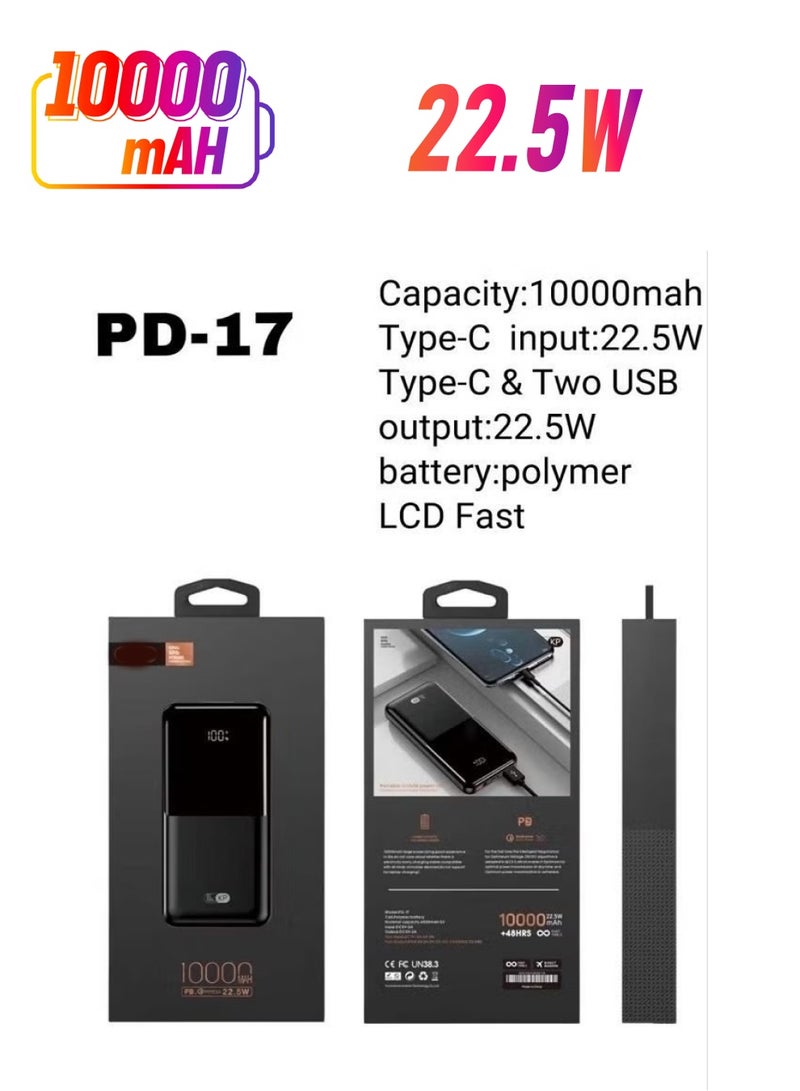 10000 مللي أمبير كينج باور من النوع C الإدخال: 22.5 واط من النوع C ومخرجان USB: 22.5 واط البطارية: بوليمر LCD سريع PD-17