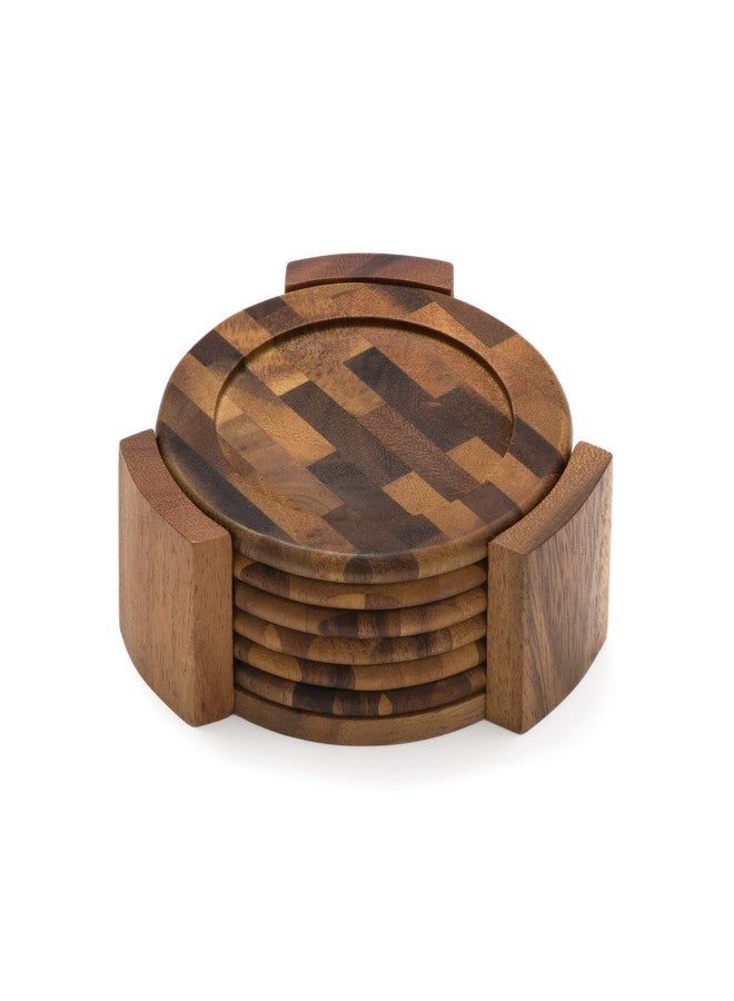 ليبر أنترناشونال مجموعة قواعد أكواب وعلبة مستديرة من خشب السنط المحبب مكونة من 7 قطع - Image 1